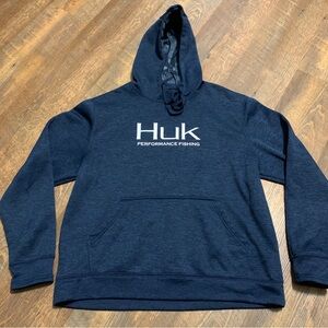 HUK Performance Fishing Hoodie Mens L Navy Pullover Sweatshirt Fleece Lined